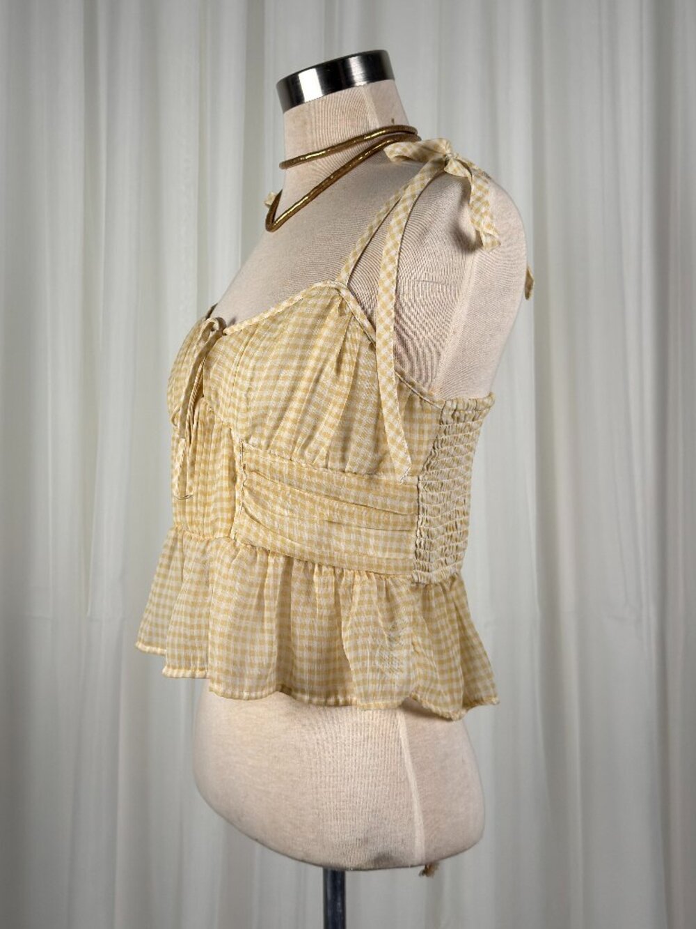 AE corset peplum yellow cream gingham cropped blouse small - Picture 2 of 6